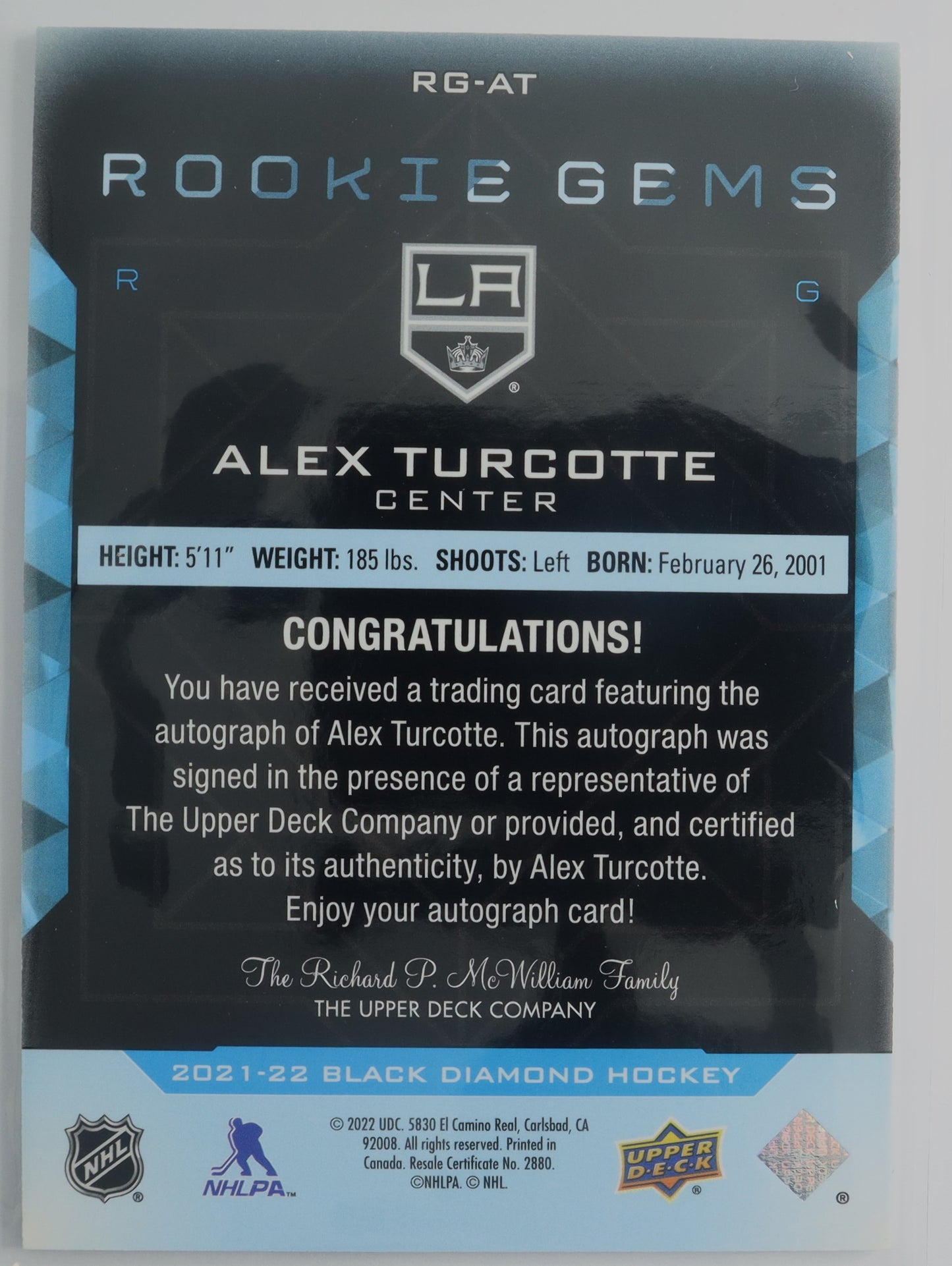 2021-22 Black Diamond Rookie Gems Auto RG-AT Alex Turcotte  45/99