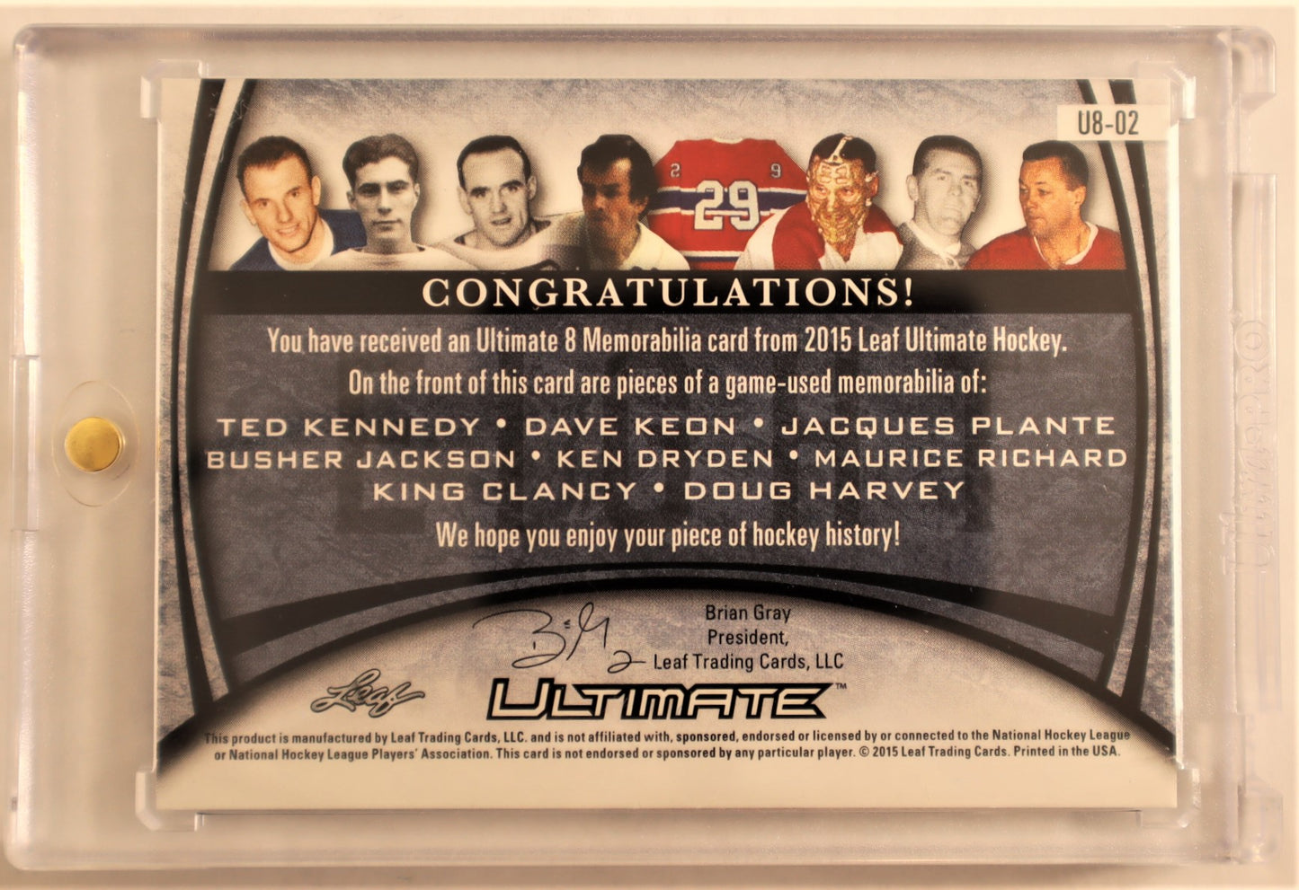 2015-16 Leaf Ultimate Ultimate 8 Relics Blue Spectrum #U802 Ted Kennedy/Busher Jackson/King Clancy/Dave Keon/Ken Dryden/Jacques Plante/Maurice Richard/Doug Harvey1/3