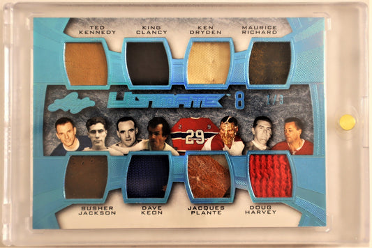 2015-16 Leaf Ultimate Ultimate 8 Relics Blue Spectrum #U802 Ted Kennedy/Busher Jackson/King Clancy/Dave Keon/Ken Dryden/Jacques Plante/Maurice Richard/Doug Harvey1/3