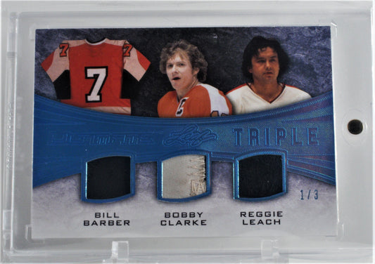 2015-16 Leaf Ultimate Triple Ultimate Memorabilia Patch Blue Spectrum #UTP01 Bill Barber/Bobby Clarke/Reggie Leach  1/3