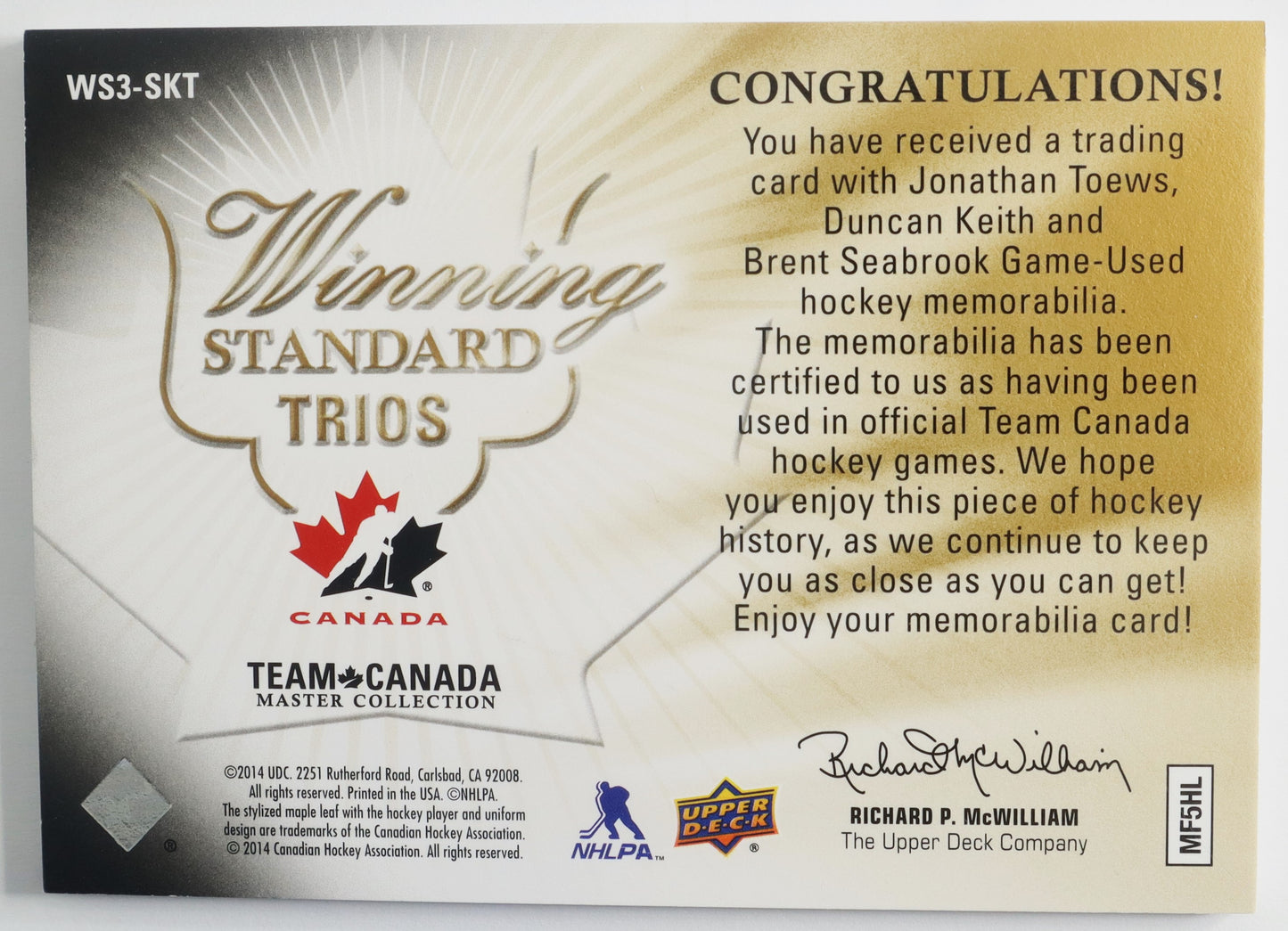 2015-16 Upper Deck Team Canada Master Collection Winning Standard Jerseys and Patch Triple #WS3-SKT Jonathan Toews/Duncan Keith/Brent Seabrook 01/15