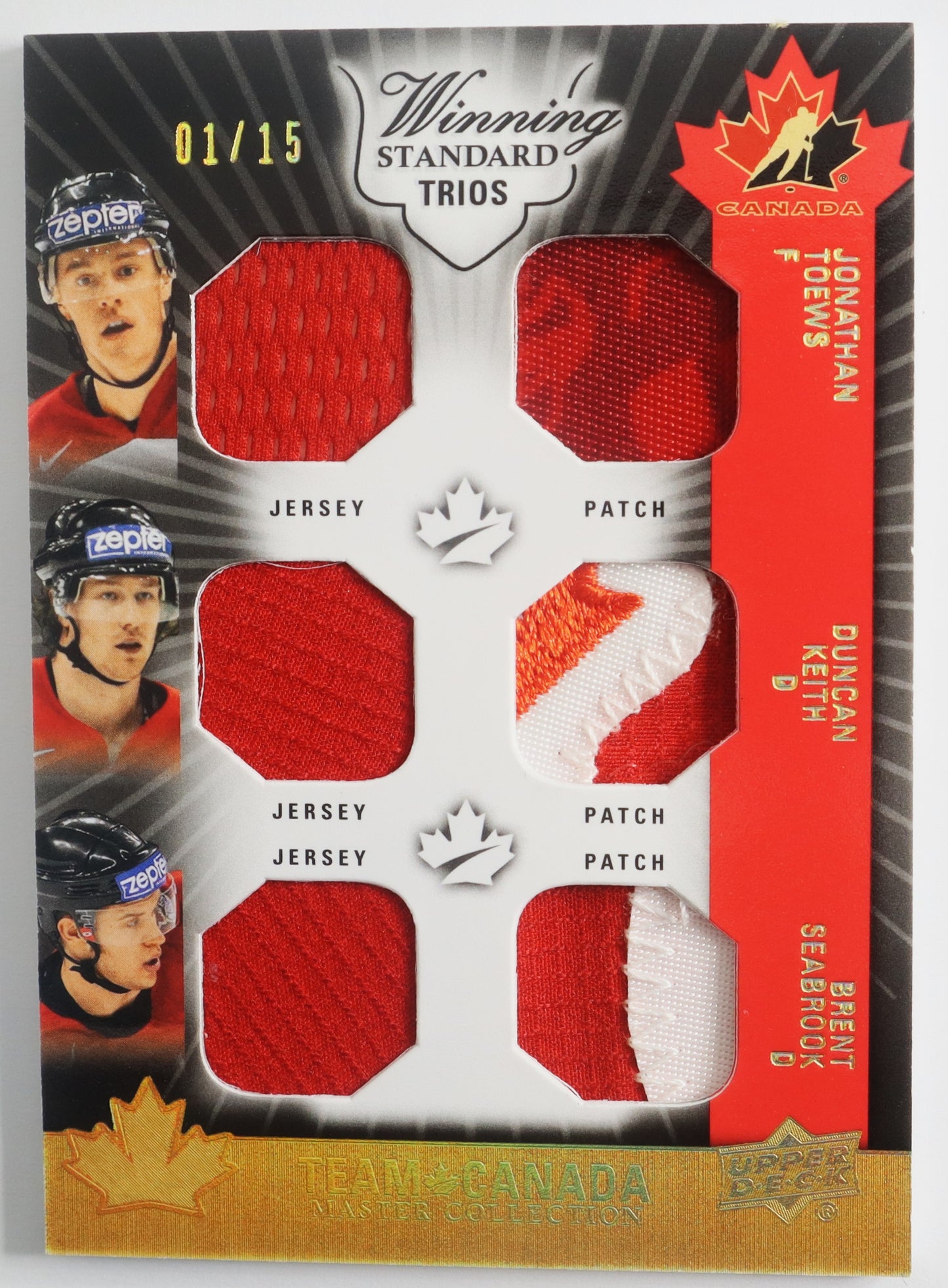 2015-16 Upper Deck Team Canada Master Collection Winning Standard Jerseys and Patch Triple #WS3-SKT Jonathan Toews/Duncan Keith/Brent Seabrook 01/15